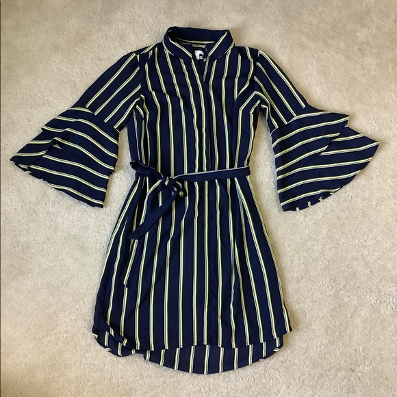 EST. 1946 Navy Belted Shirt Dress with Yellow Stripes & Ruffle Bell Sleeves - Picture 5 of 6